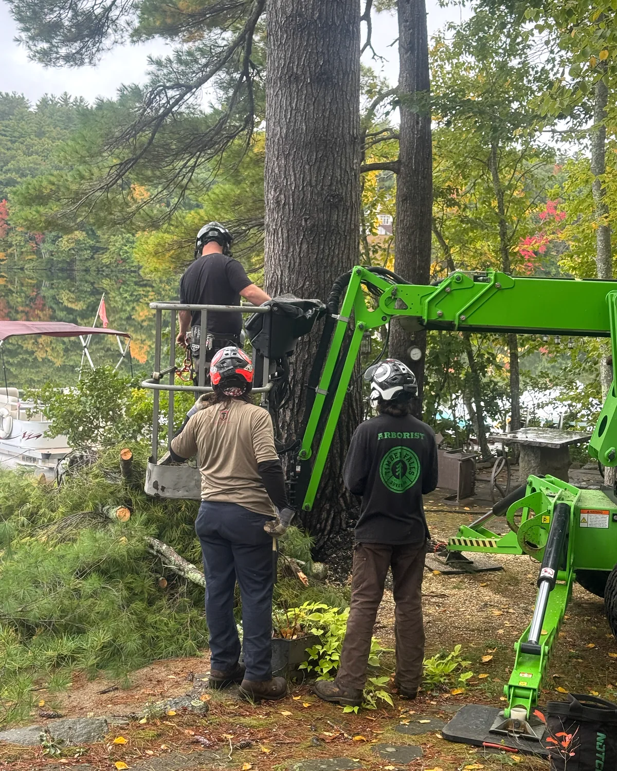Three Timber Falls crew members working beside a compact lift